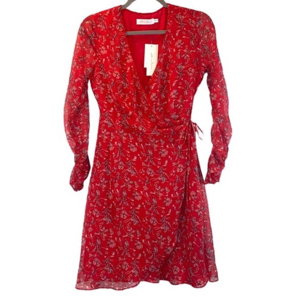 All in Favor size XS red floral v-neck wrap dress